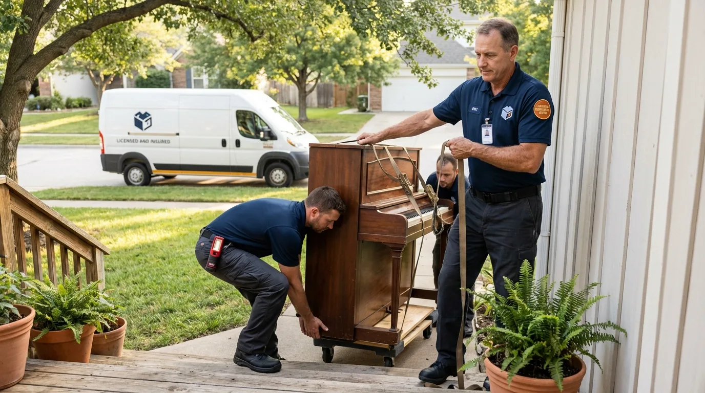 Licensed piano movers securing grand piano in Liberty, NC