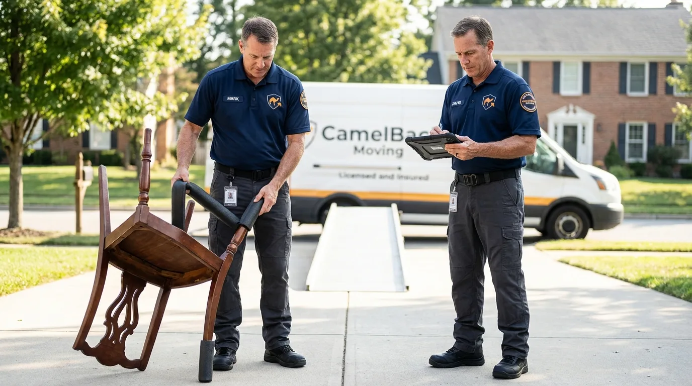 Movers inspecting furniture for damage prevention before loading in Liberty, NC