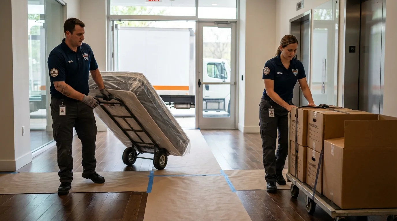 Professional apartment movers loading elevator in Liberty, NC
