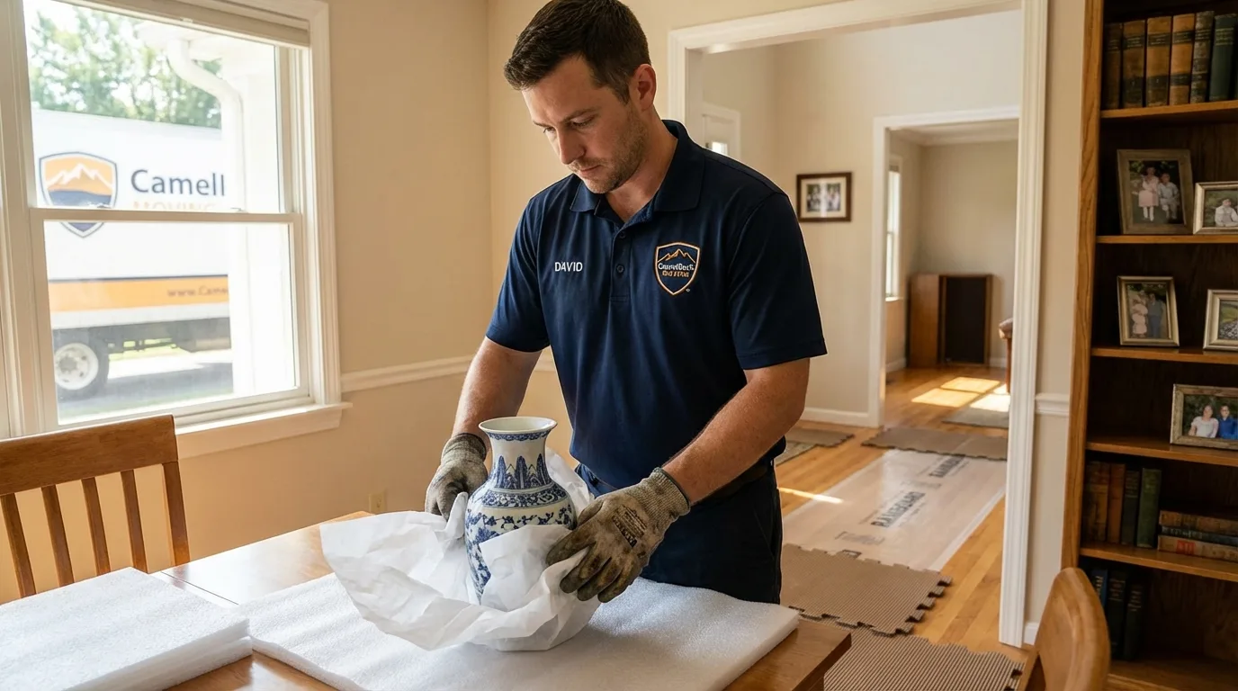 Professional crew carefully wrapping antique vase for senior downsizing move in Liberty, NC